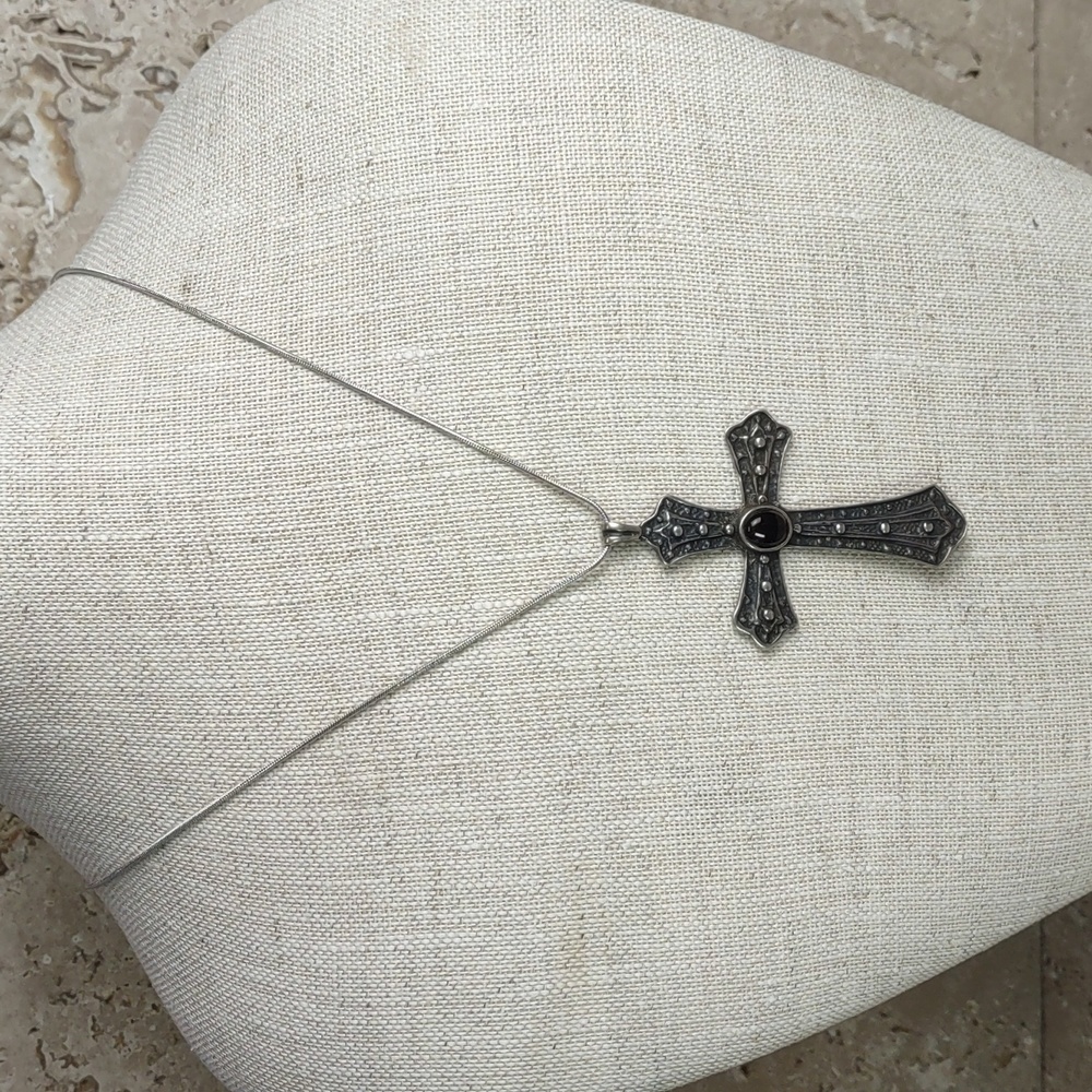 Black Onyx/Sterling Silver Cross Necklace - Picture 2 of 10